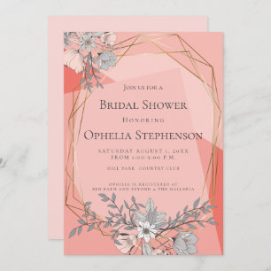 BRIDAL SHOWER Coral Floral Geometric Gold Frame Invitation