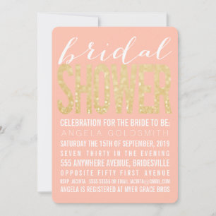Bridal Shower Coral Gold Glitter Typography Invitation