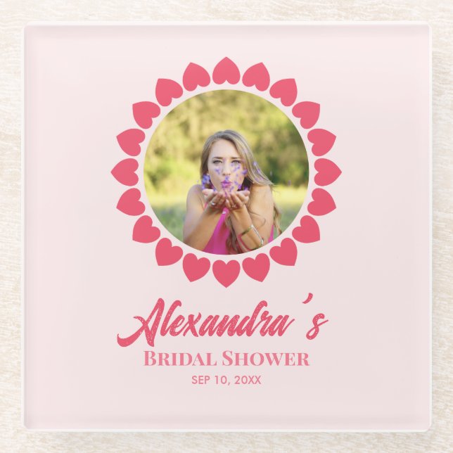 Bridal Shower Custom Photo Heart Circle Frame Glass Coaster (Front)