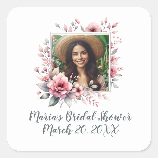Bridal shower custom photo watercolor floral  square sticker (Front)