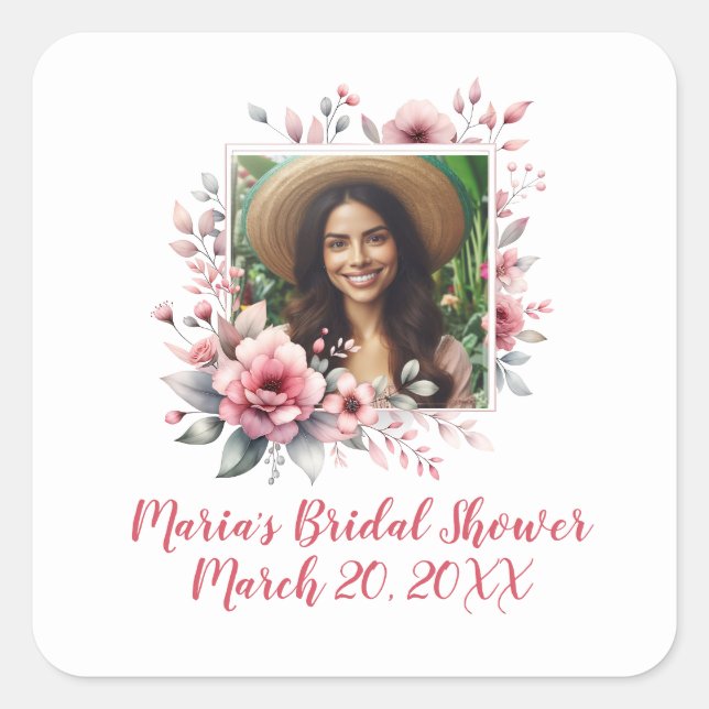 Bridal shower custom photo watercolor floral  square sticker (Front)
