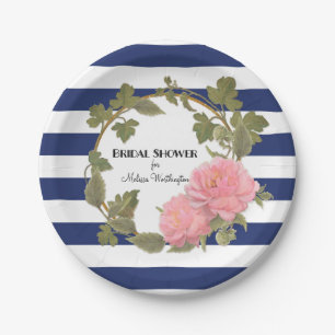 Bridal Shower Decor Gold Wide Striped Peony Wreath Paper Plate