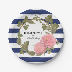 Bridal Shower Decor Gold Wide Striped Peony Wreath Paper Plate