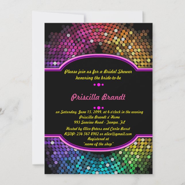 Bridal Shower, Disco style, black & multicolor Invitation (Front)