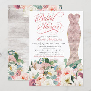 Bridal Shower Dress Glam Gown Floral Pink  Invitation