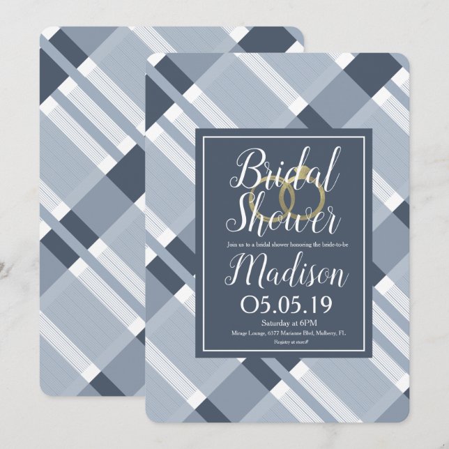 Bridal Shower Dusty Blue Navy Plaid Foil Rings Invitation (Front/Back)