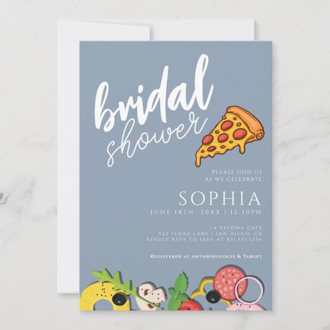 Bridal Shower Dusty Blue PIZZA Modern Chic Invitation (Front)
