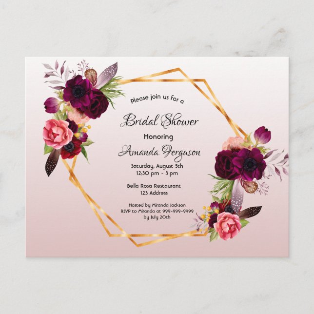 Bridal shower dusty rose burgundy invitation postcard (Front)