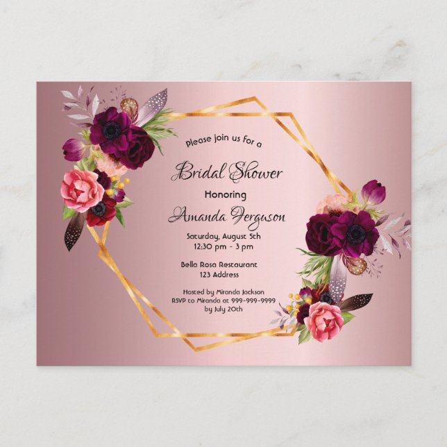 Bridal shower dusty rose burgundy invitation postcard (Front)