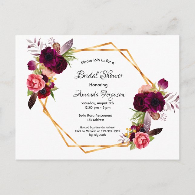 Bridal shower dusty rose white burgundy invitation postcard (Front)