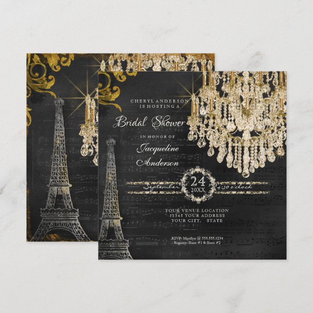 Bridal Shower Eiffel Tower Chandelier Typography Invitation (Front/Back)