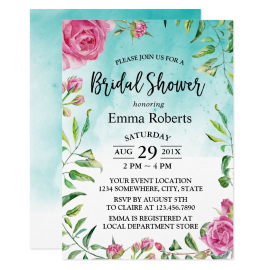Bridal Shower Elegant Floral Turquoise Watercolor Card