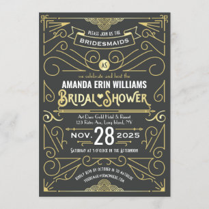 Bridal Shower Elegant Gold Grey Retro Art Deco Invitation