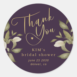 Bridal shower elegant gold purple thank you classic round sticker