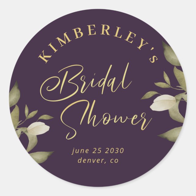 Bridal shower elegant purple gold classic round sticker (Front)