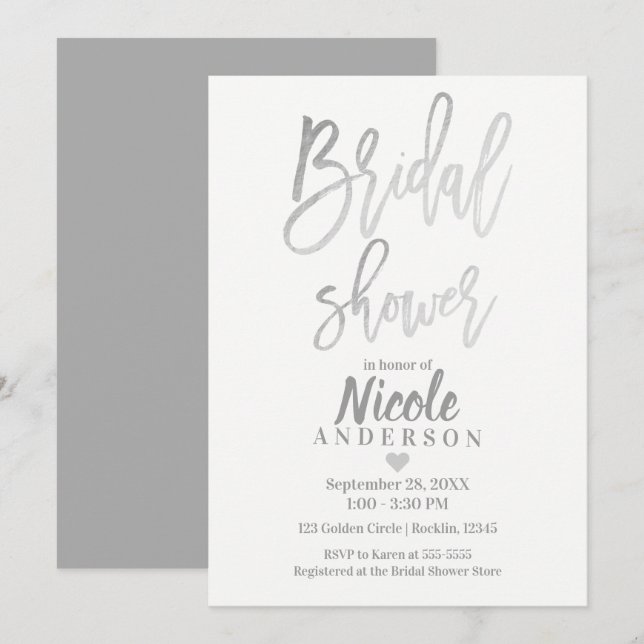 BRIDAL SHOWER Elegant Silver Foil Modern Script Invitation (Front/Back)