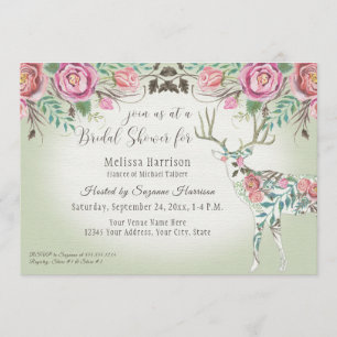 Bridal Shower Elegant Wild Rose Floral Deer Antler Invitation