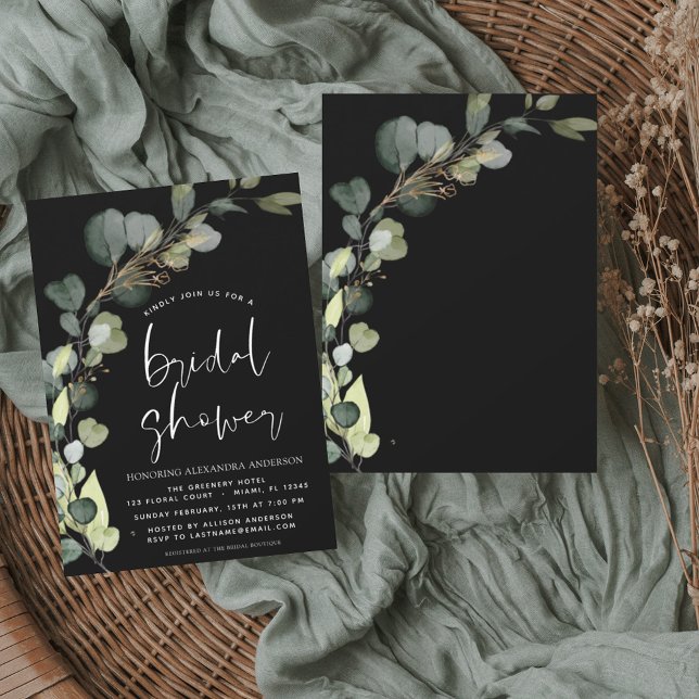 Bridal Shower Eucalyptus Black White Invitation (Creator Uploaded)