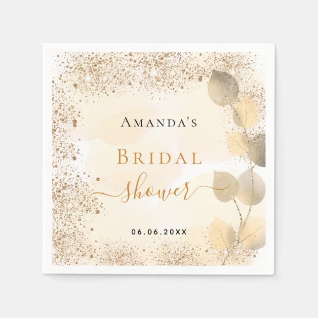 Bridal Shower eucalyptus golden glitter monogram Napkin (Front)