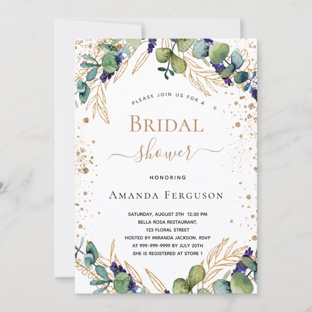 Bridal Shower eucalyptus greenery gold glitter Invitation (Front)