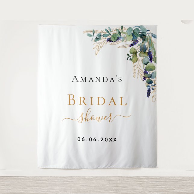 Bridal Shower eucalyptus greenery gold monogram Tapestry (Front)