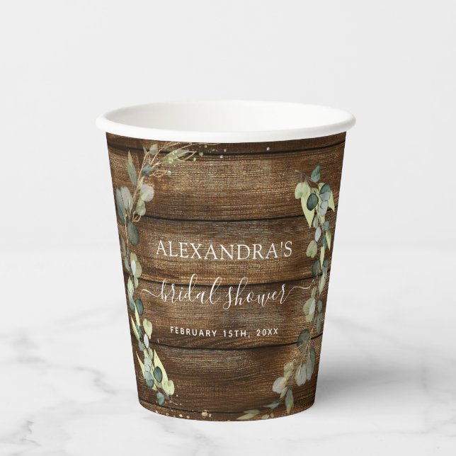 Bridal Shower Eucalyptus Greenery Rustic Wood Paper Cups (Front)