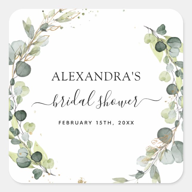 Bridal Shower Eucalyptus Greenery Succulent Square Sticker (Front)