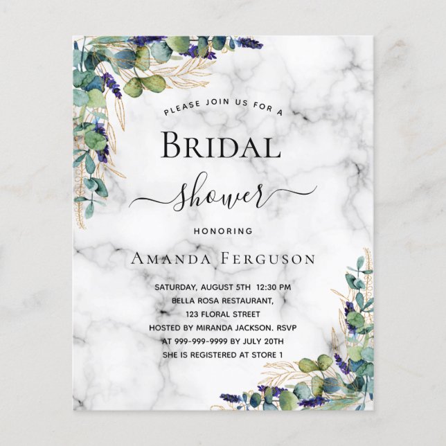 Bridal shower eucalyptus marble budget invitation flyer (Front)