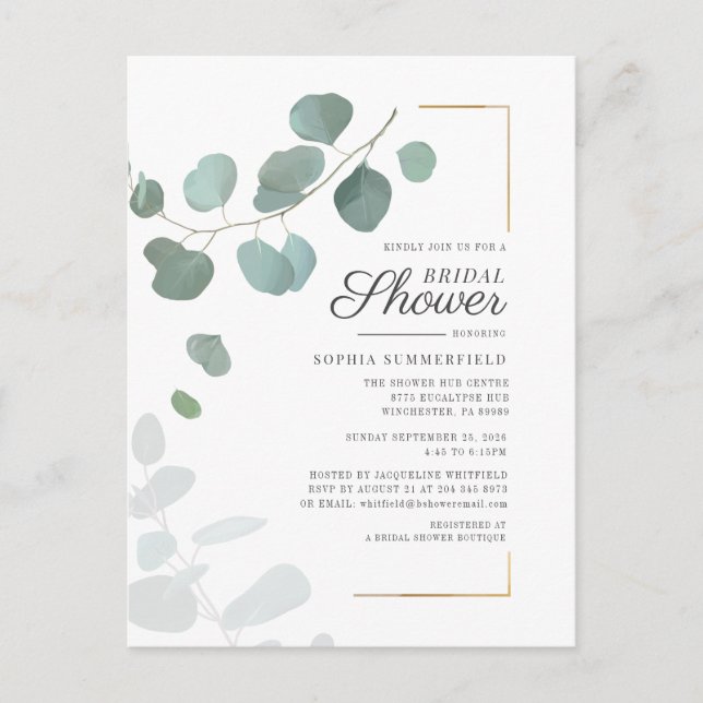 Bridal Shower Eucalyptus Script Greenery Floral Invitation Postcard (Front)