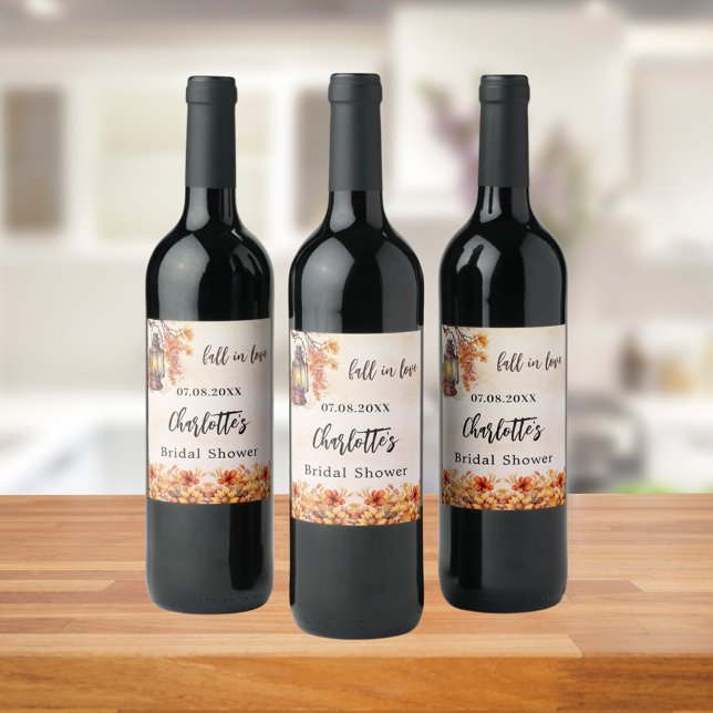 Bridal Shower fall orange flowers leaves Wine Label (Creator Uploaded)