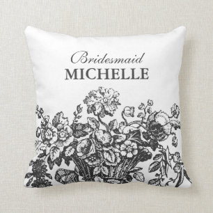 Bridal Shower Favour Floral Basket Black Throw Pillow