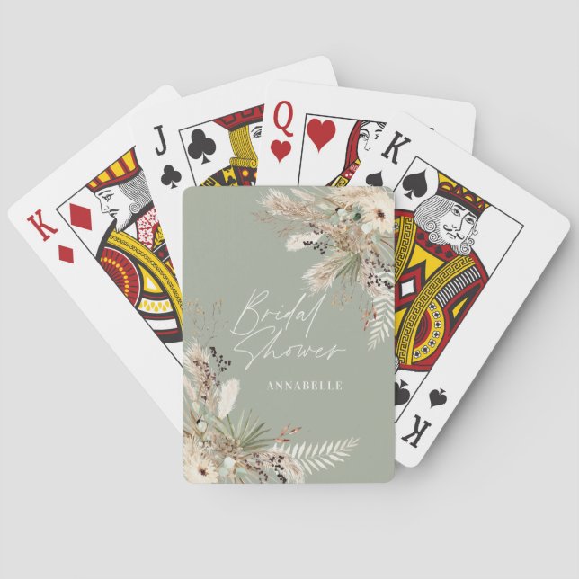 Bridal shower favour pampas eucalyptus sage green playing cards (Back)