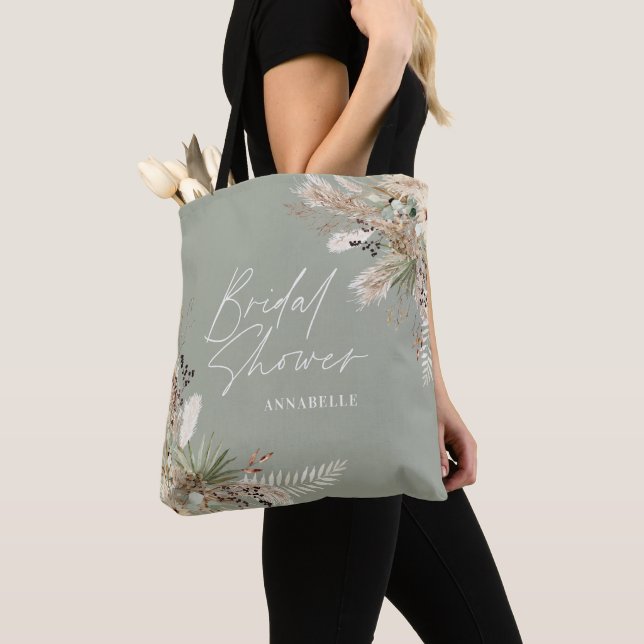 Bridal shower favour pampas eucalyptus sage green tote bag (Close Up)