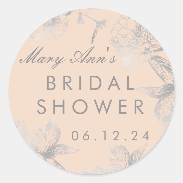 Bridal Shower Favour Simple Floral Silver Blush Classic Round Sticker (Front)