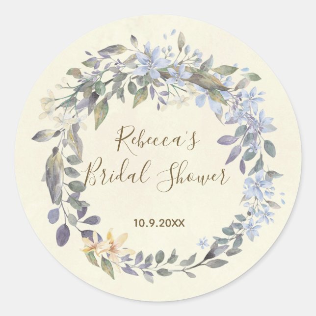 bridal shower favours stickers boho blue floral (Front)
