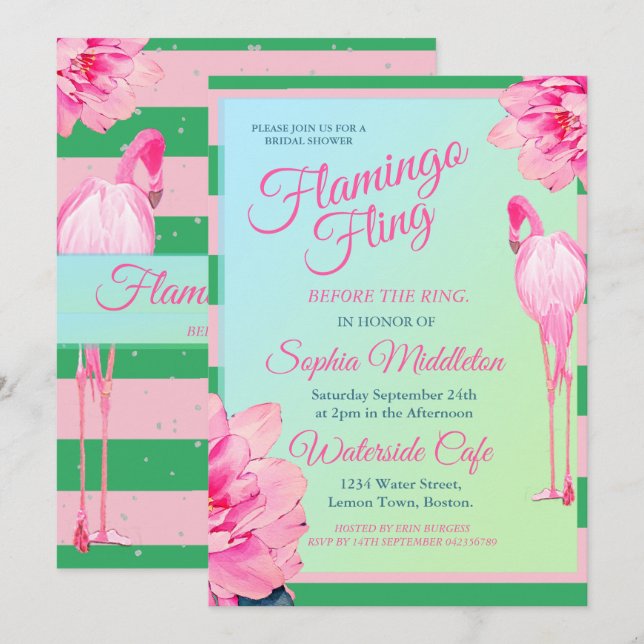 Bridal Shower Flamingo Fling Green Pink Floral Invitation (Front/Back)