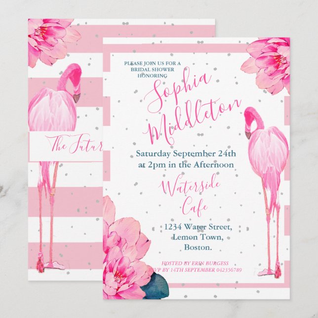 Bridal Shower Flamingo Pink Stripe Floral Chic Invitation (Front/Back)