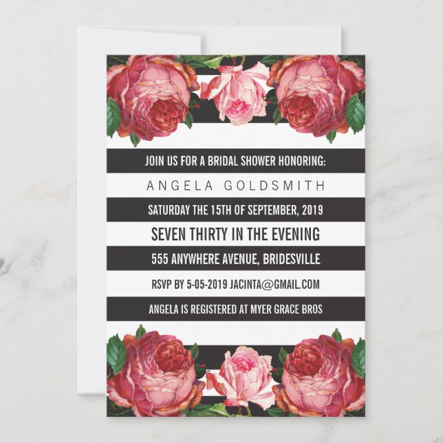 Bridal Shower Floral Black & White Stripes Invitation (Front)
