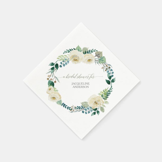 Bridal Shower Floral BOHO Wreath Ivory Rose Rustic Napkin (Corner)
