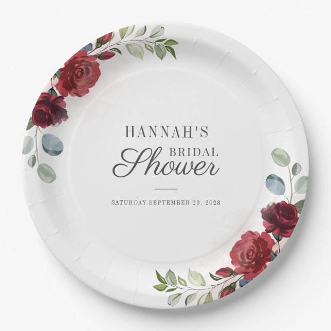 Bridal Shower Floral Burgundy Watercolor Blush Paper Plate (Front)