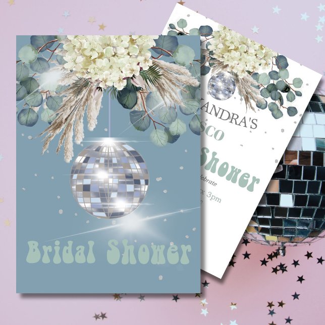 Bridal Shower Floral Dusty Blue Disco Ball  Invitation (Creator Uploaded)
