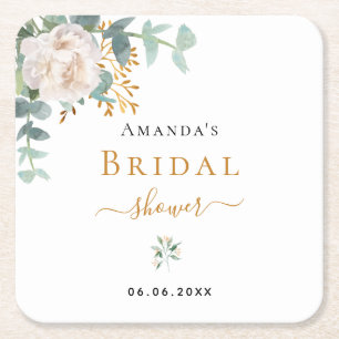 Bridal Shower floral eucalyptus greenery elegant Square Paper Coaster