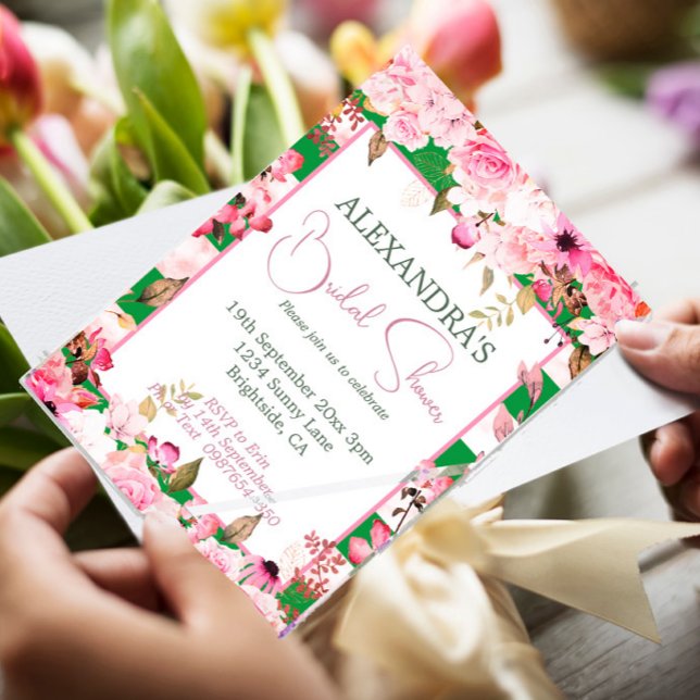  Bridal Shower Floral Rose Green Pink Stripe  Invitation (Creator Uploaded)