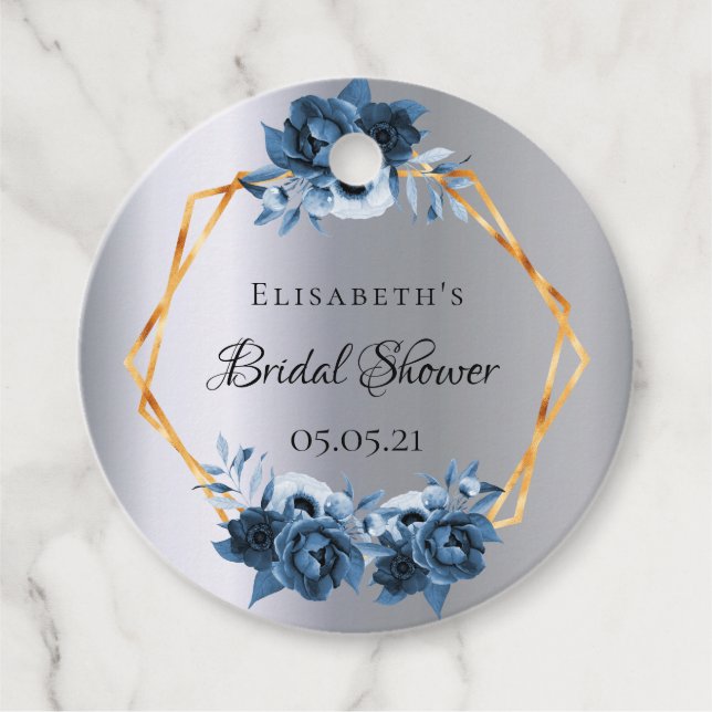 Bridal Shower florals geometric navy blue silver Favour Tags (Front)