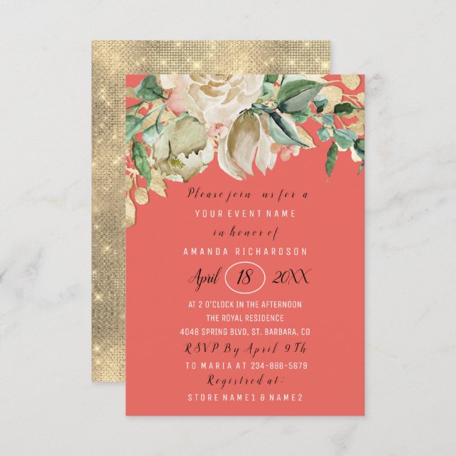 Bridal Shower Flower Brunch Coral Green Mint Rose Invitation (Front/Back)