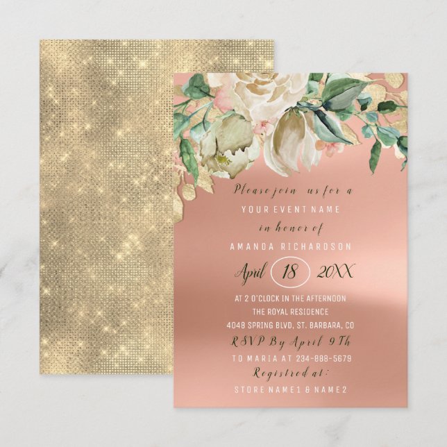 Bridal Shower Flower Brunch Green Peach Gold Roses Invitation (Front/Back)