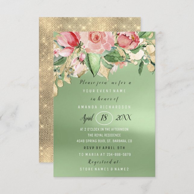 Bridal Shower Flower Brunch Greenery Pink Gold Invitation (Front/Back)