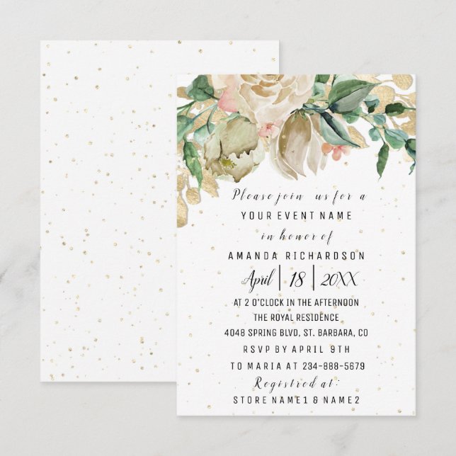 Bridal Shower Flower Brunch Greenery White Confett Invitation (Front/Back)