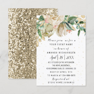 Bridal Shower Flower Brunch Greenery White Glitter Invitation