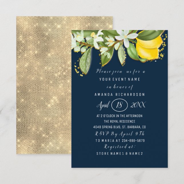 Bridal Shower Flower Brunch Lemon Green Navy Invitation (Front/Back)